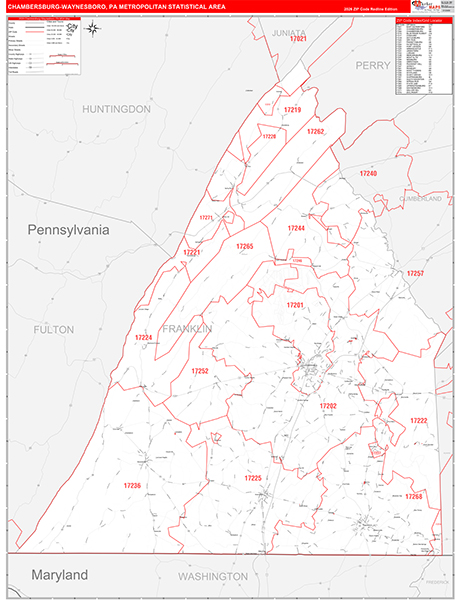 Chambersburg-Waynesboro Metro Area Wall Map Red Line Style